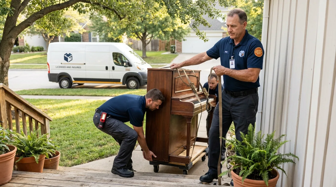 Licensed piano movers securing grand piano in Mocksville, NC