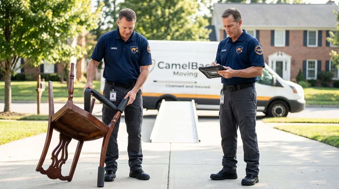 Movers inspecting furniture for damage prevention before loading in Mocksville, NC
